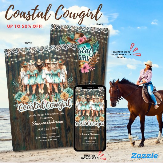 Kustcowgirl rustieke strand bachelorette bruids kaart
