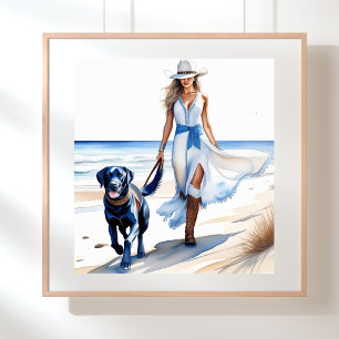 Kustcowgirl Wandelen met hond op het strand Poster