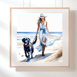 Kustcowgirl Wandelen met hond op het strand Poster
