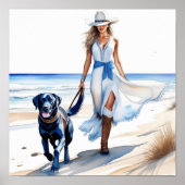 Kustcowgirl Wandelen met hond op het strand Poster (Voorkant)