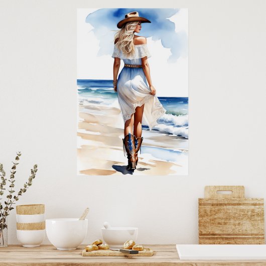 Kustcowgirl Wandelen op het strand Waterverf Poster (Keuken)