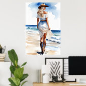 Kustcowgirl Wandelen op het strand Waterverf Poster (Thuiskantoor)