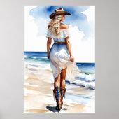 Kustcowgirl Wandelen op het strand Waterverf Poster (Voorkant)