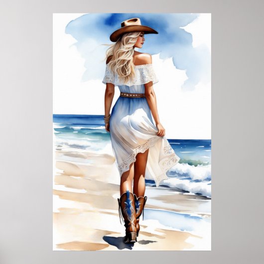 Kustcowgirl Wandelen op het strand Waterverf Poster (Voorkant)