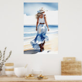 Kustcowgirl Wandelen op het strand Waterverf Poster (Keuken)