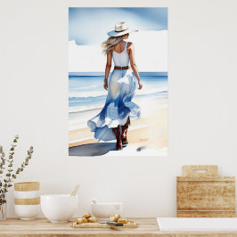 Kustcowgirl Wandelen op het strand Waterverf Poster