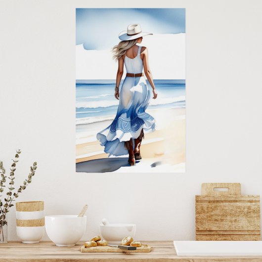 Kustcowgirl Wandelen op het strand Waterverf Poster (Keuken)