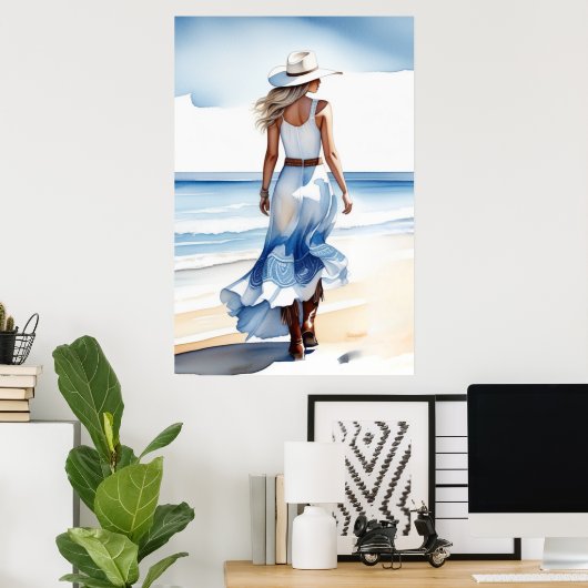 Kustcowgirl Wandelen op het strand Waterverf Poster (Thuiskantoor)