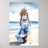 Kustcowgirl Wandelen op het strand Waterverf Poster (Voorkant)