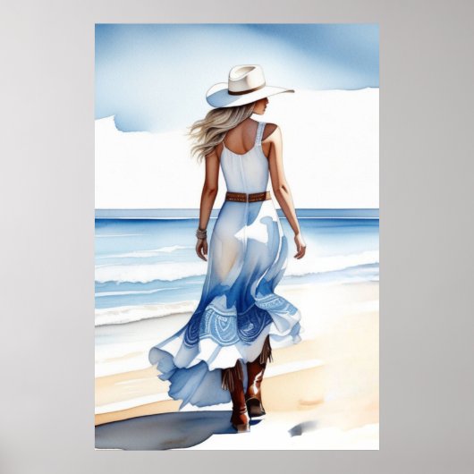 Kustcowgirl Wandelen op het strand Waterverf Poster (Voorkant)