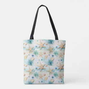 Kustdecoratie geïnspireerd op zeesterren en schelp tote bag