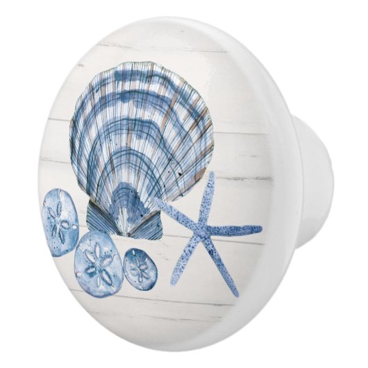 Kustdoornhaai Zeeshells blauw wit hout Keramische Knop (Rechts)