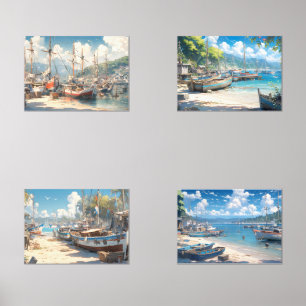 Kustdorp met Geviste boten Muurkunst Sets