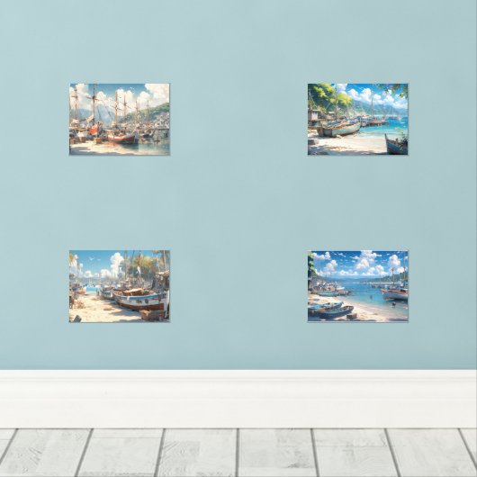 Kustdorp met Geviste boten Muurkunst Sets (Houten vloer)