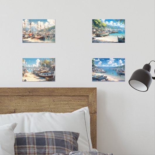 Kustdorp met Geviste boten Muurkunst Sets (Slaapkamer)