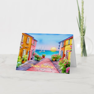 Kustdorp Zonsondergang Aquarel Folie Wenskaart