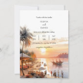 Kustdorpsmarkt aan zee bij zonsondergang bruiloft kaart (Voorkant)