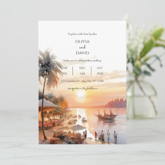 Kustdorpsmarkt aan zee bij zonsondergang bruiloft kaart (Staand voorkant)