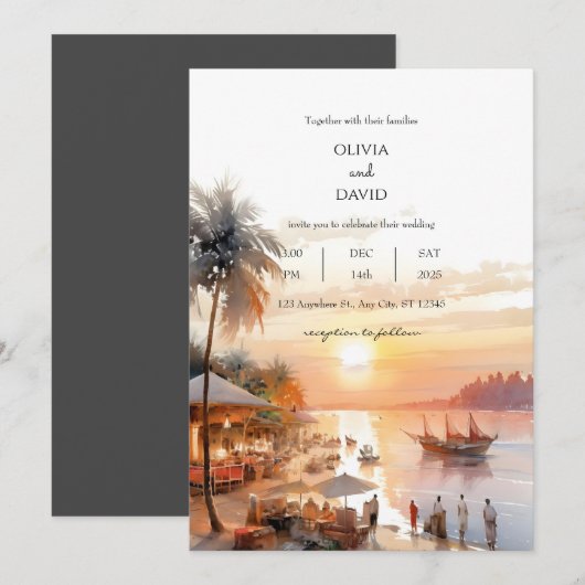 Kustdorpsmarkt aan zee bij zonsondergang bruiloft kaart (Voorkant / Achterkant)