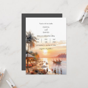 Kustdorpsmarkt aan zee bij zonsondergang bruiloft kaart