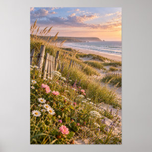 Kustduinen Wilde Bloemen Zonsondergang Strand Muur Poster