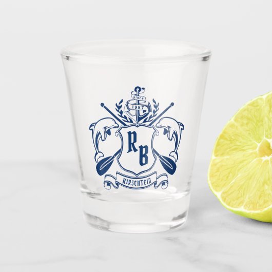 Kustemblam Dolphins Anchor Oar Shield Nauzale Shot Glas (Voorkant)