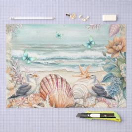 Kustflorale Meeuwen & Schelpen Decoupage  Tissuepapier