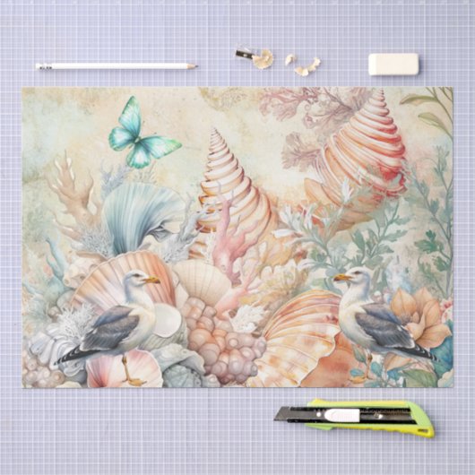Kustflorale Meeuwen & Schelpen Decoupage  Tissuepapier (Craft)