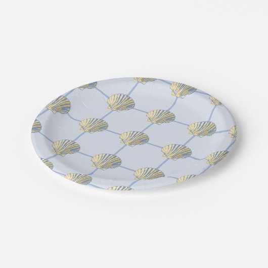 Kustgeel en blauw geschilderde zeeschelp checkers papieren bordje (Gekanteld)