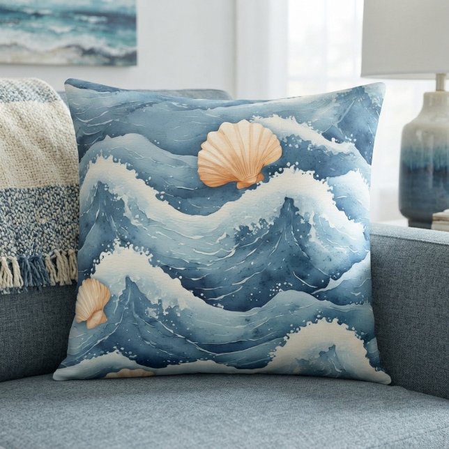 Kustgetijden Zee-waaier Schelpen Aquarel Schuim St Kussen (Coastal Tides Sea-fan Shells Watercolor Foam Beach Throw Pillow)
