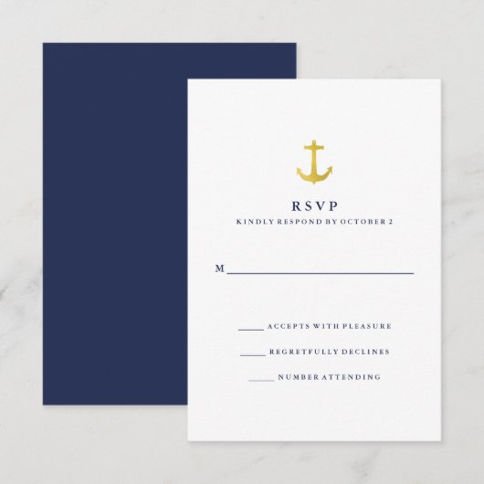 Kustglamour | Gold Anchor en Navy Blue RSVP (Voorkant / Achterkant)