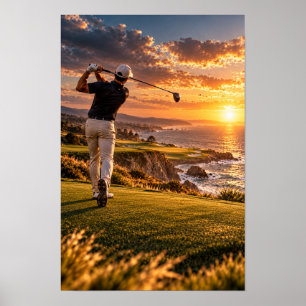Kustgolf zonsondergang muurkunst – Golfer in swing Poster