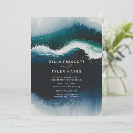 Kustgolven Navy Beach Oceaan Elegante bruiloft Kaart (Staand voorkant)