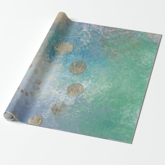 Kustgoten | Blauwe en groene Waterverf Gold Cadeaupapier (Uitgerold)