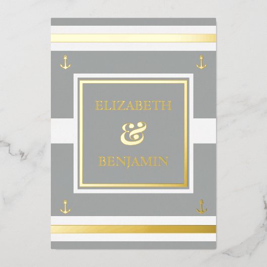 Kustgoud witte grijze strepen folie uitnodiging (Voorkant)