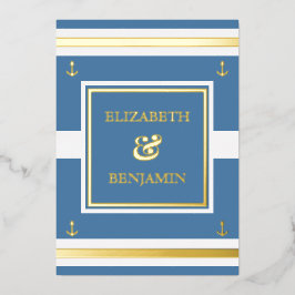 Kustgouden blauwe strepen Nautical Wedding Folie Uitnodiging