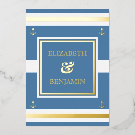 Kustgouden blauwe strepen Nautical Wedding Folie Uitnodiging (Voorkant)