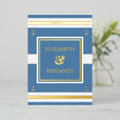 Kustgouden blauwe strepen Nautical Wedding Folie Uitnodiging (Staand Voorkant)