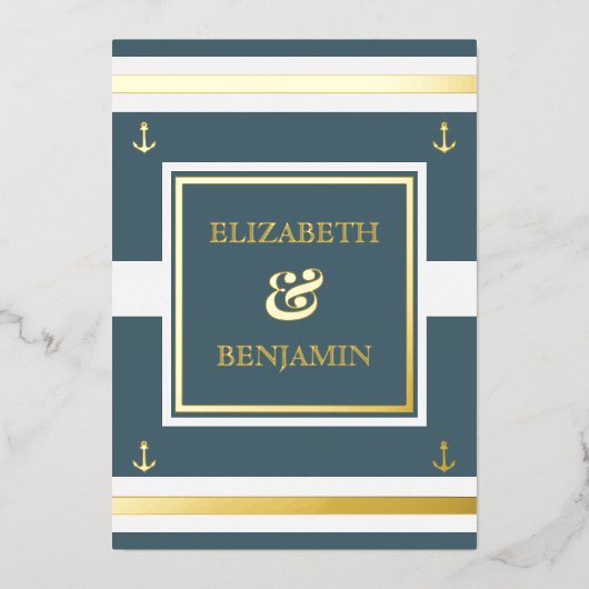 Kustgouden blauwe strepen Nautical Wedding Folie Uitnodiging (Voorkant)