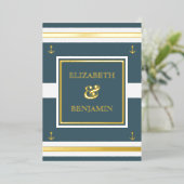 Kustgouden blauwe strepen Nautical Wedding Folie Uitnodiging (Staand Voorkant)