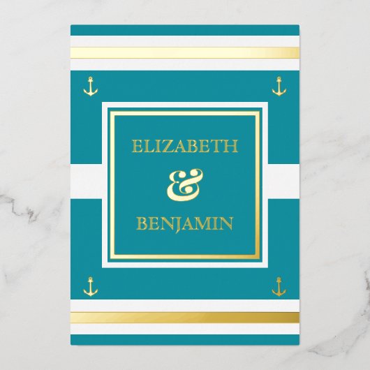 Kustgouden witte Blauwgroen strepen Folie Uitnodiging (Voorkant)