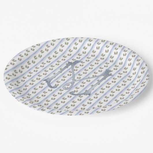 Kustgrand millenial krab strepen monogram papieren bordje (Gekanteld)