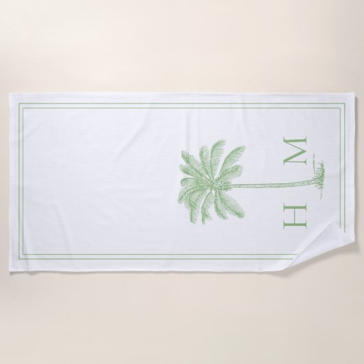 Kustgroen en wit palmetto palmmonogram strandlaken (Voorkant)