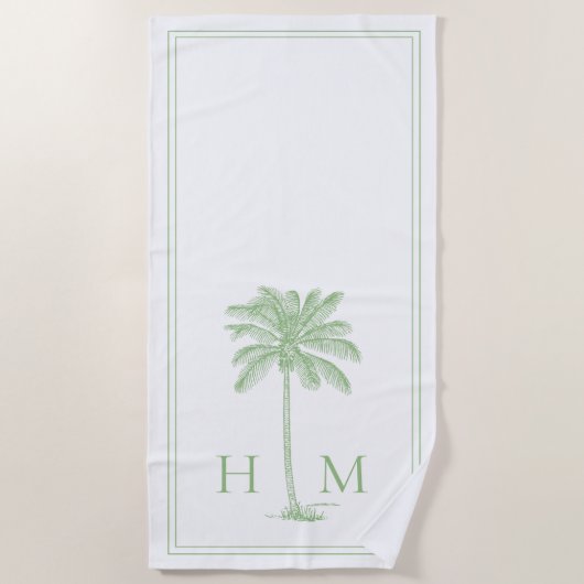 Kustgroen en wit palmetto palmmonogram strandlaken (Voorkant)