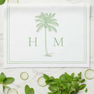 Kustgroen en wit palmetto palmmonogram theedoek