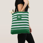Kustgroen wit gestreept strandmonogram tote bag (Dichtbij)