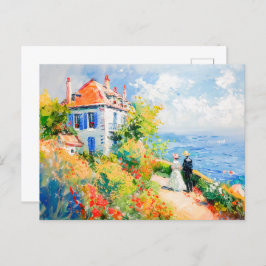 Kusthuis met bloemen Impressionistische zeehond Briefkaart