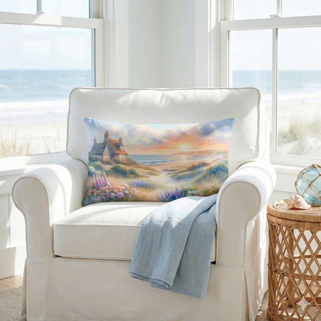 Kusthuis Zonsondergang Duinen Aquarel Kussen (Coastal Cottage Sunset Dunes Watercolor Lumbar Pillow)