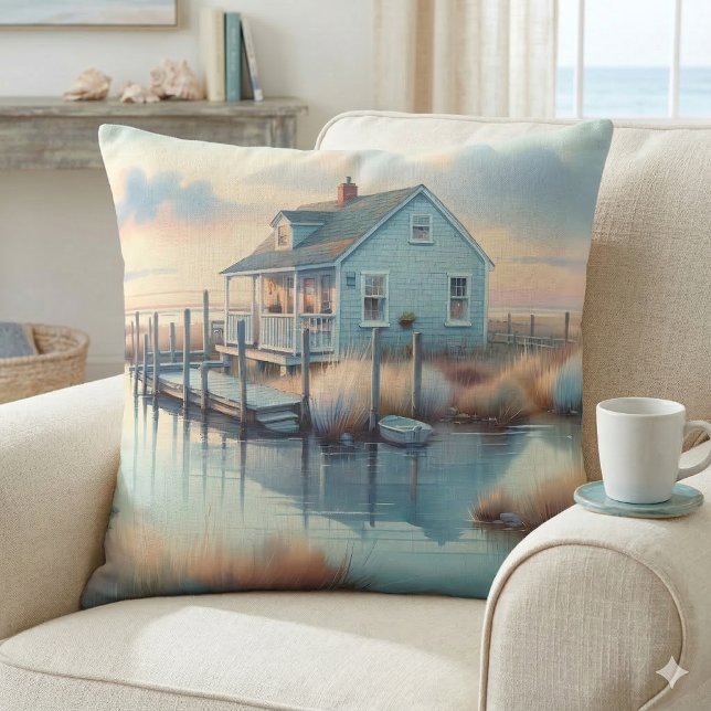 Kusthuisje bij Sunrise Marsh Kussen (Coastal Cottage at Sunrise Marsh Throw Pillow On Chair)