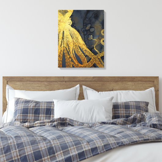 kustinktvis (Octopus Gold Black Blue) Waterverf Canvas Afdruk (Insitu (Slaapkamer))